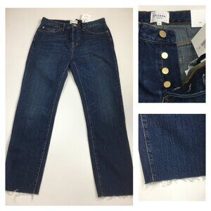 NWT SEZANE Denim Med/Dark Wash Raw Hem 5 Pocket Logo Hardware Button Fly Jeans
